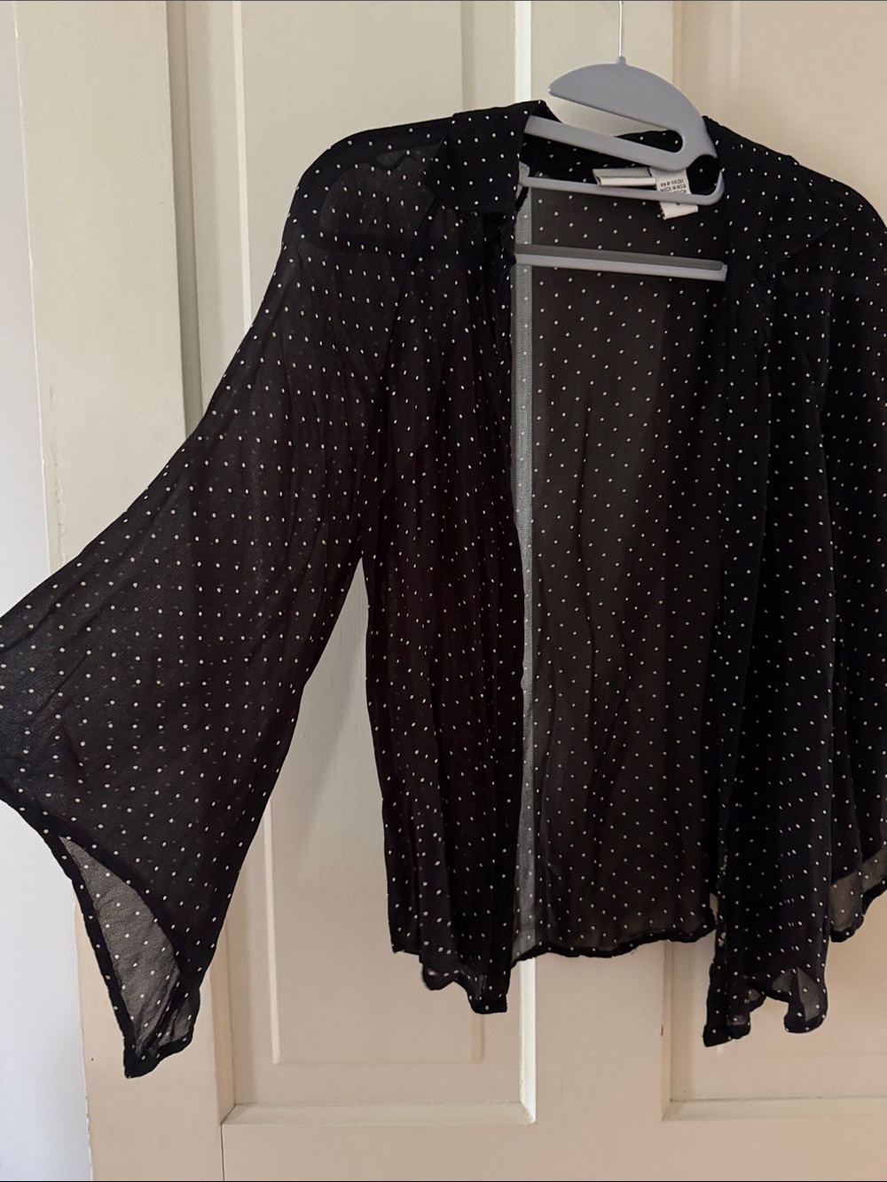 Womenโs Black Polka Dot Sheer Open Button Up